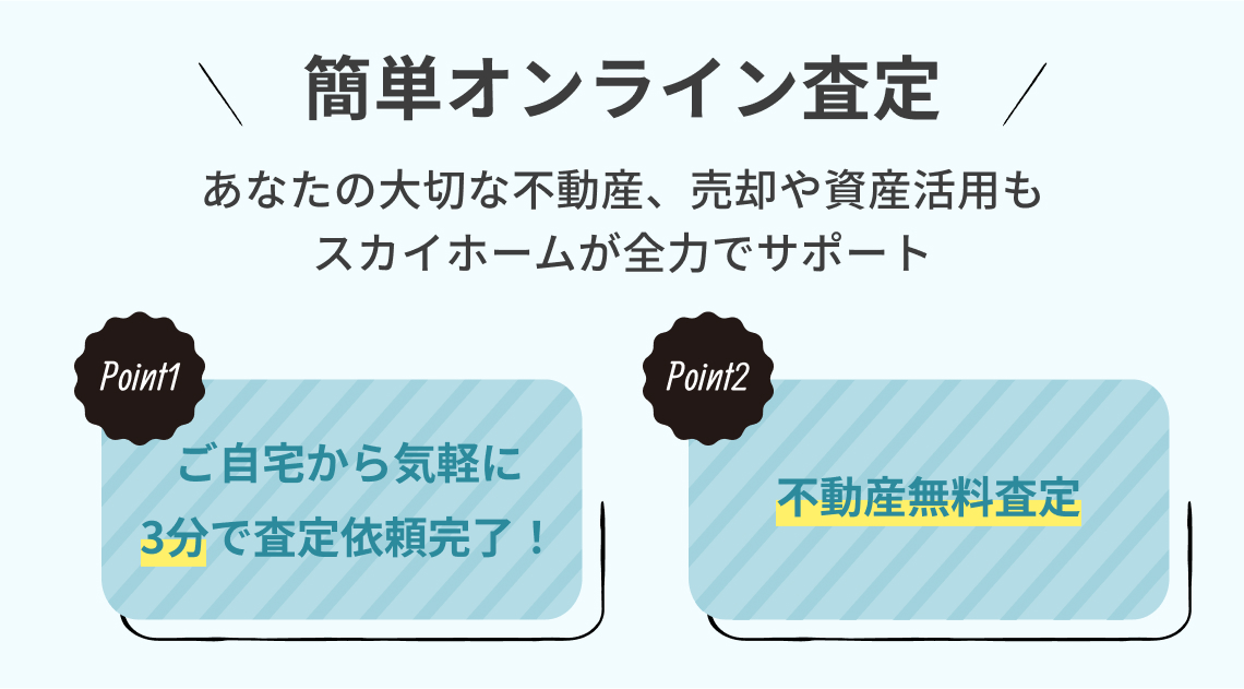 簡単オンライン査定　ご自宅から気軽に3分で査定依頼完了！　不動産無料査定　あなたの大切な不動産　売却や資産活用もスカイホームが全力でサポート